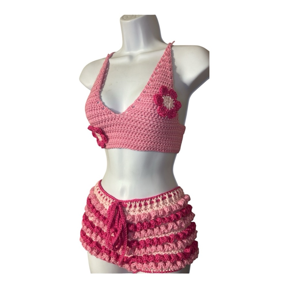 Pink Crochet Swim Coverup Set